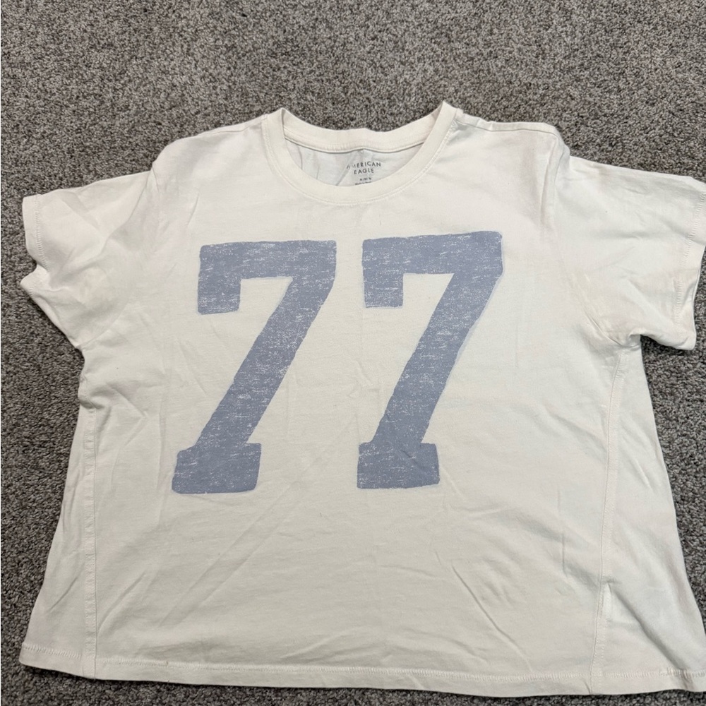 American Eagle Outfitters White Tee with Blue Graphic 77 boxy tee